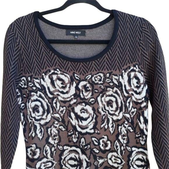 Nine West Knit Long Sleeve Scoop Neck Aline Sweater Dress Herringbone Rosette S - Picture 6 of 11